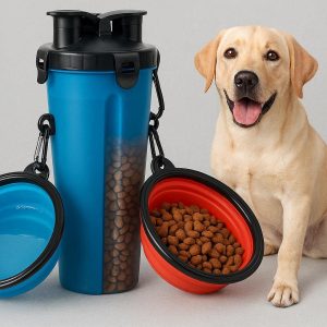 Two In One Pet Water Bottle Food Container Portable Dog Travel Cup With Dual Collapsible Bowls For Walking