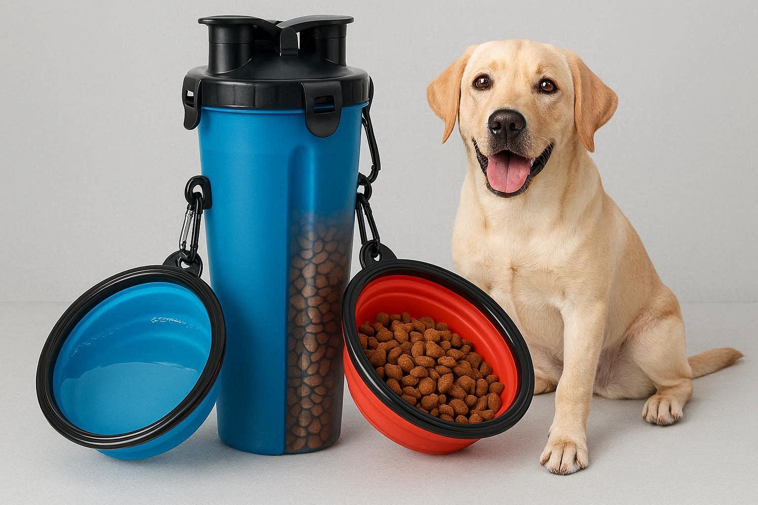 Two In One Pet Water Bottle Food Container Portable Dog Travel Cup With Dual Collapsible Bowls For Walking - Image 1